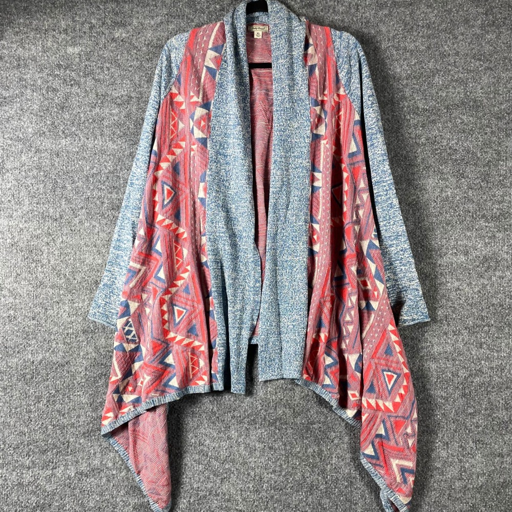 Lucky Brand Cardigan Womens XS Blue Red Southwestern Geometric Open Front Draped